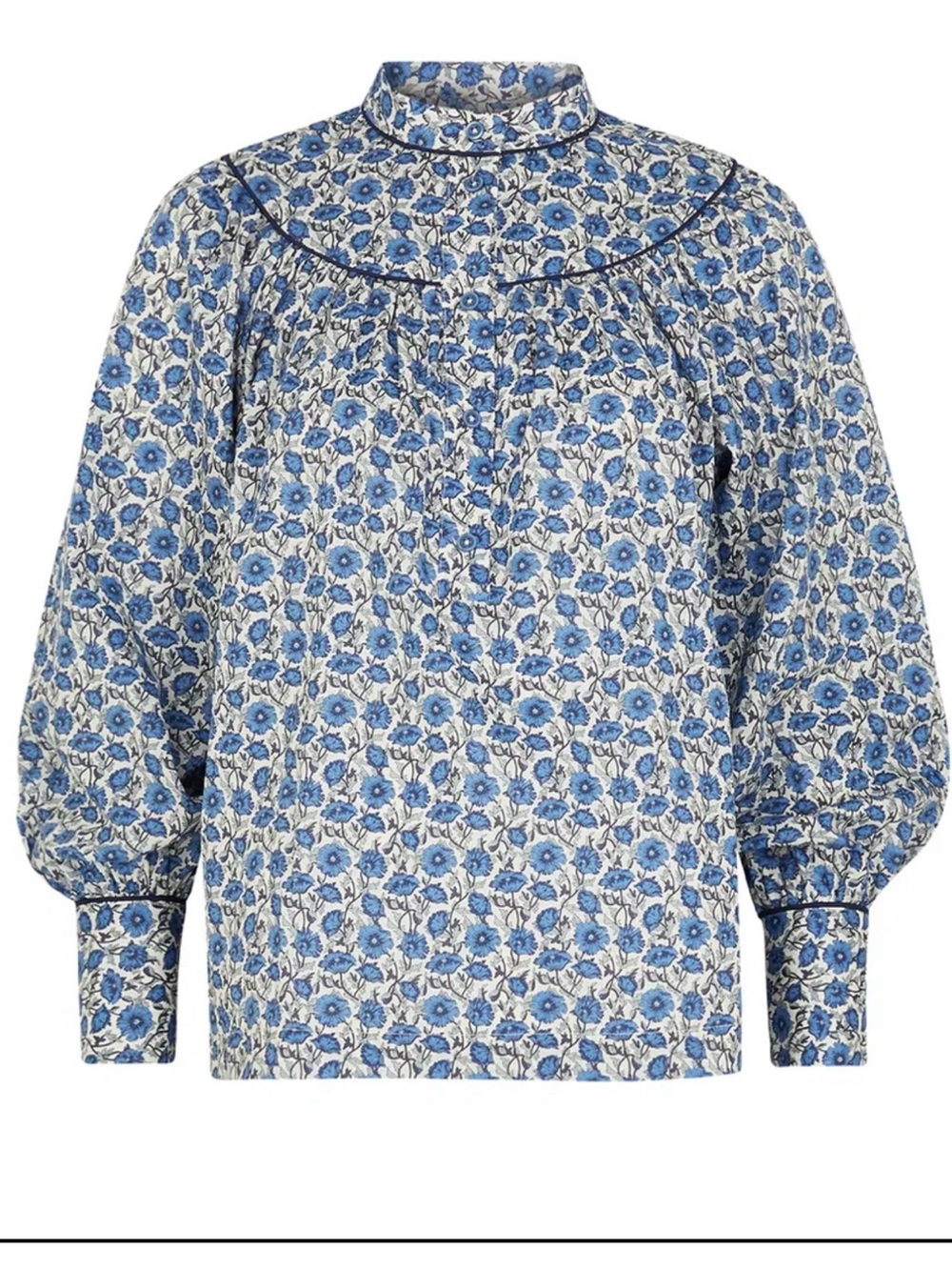Blue Floral High-Neck Puff Sleeve Women's Top